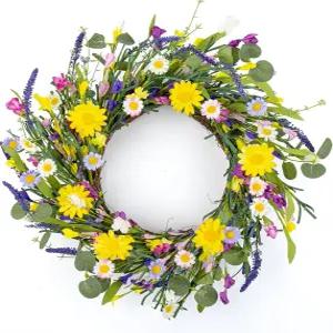 실내 야외 부활절 축하 행사를 위한 데이지와 라벤더가 포함된 현관문 꽃 화환용 J FLORU 인조 봄 화환