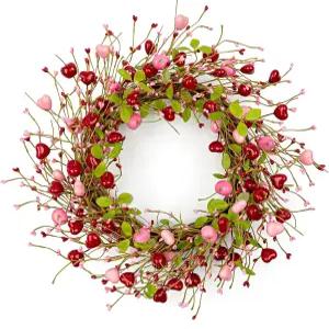 요윈드 20인치 농가 발렌타인데이 로맨틱 발렌타인즈 현관문용 화환 레드 핑크 하트 베리 체리 창문 벽