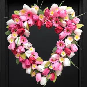 비벨로 발렌타인데이 하트 모양 튤립 화환 현관문용 20인치 핑크 화이트 꽃 결혼 기념일 축제 장식용 인조