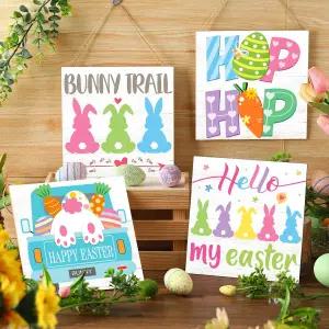 비버 4개 행복한 부활절 문 표지판 나무 토끼 화환 환영 벽걸이 명판 농가 휴일 장식 벽 집 현관버니와