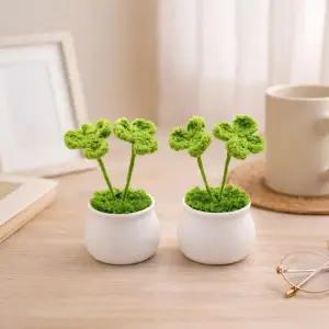 네잎클로버 뜨개꽃 화분 세잎클로버 니트 자수 뜨개질 시들지않는 꽃 행운