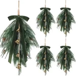 Shihaneee 4개 24인치 크리스마스 티어드롭 스웨그 러스틱 도어 화환 인조 노퍽 소나무 걸이 화환벨 벨벳