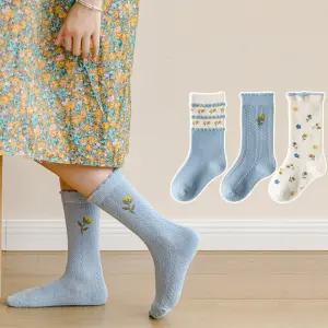 고퀄리티   유아 장목 양말세트 준캡 민들레블루 아동양말 스타킹 3족