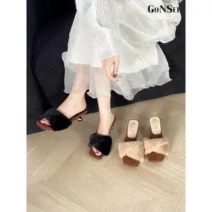 [하프클럽/고앤씨]여성 겨울 노블레스 웜 럭셔리 퍼 하이힐 털 슬리퍼 4cm