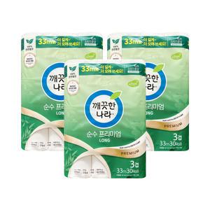 케이에이치커머스 깨끗한나라 순수 프리미엄 33m 3겹 30롤x3팩