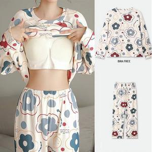 쉬블림로브 (긴팔+긴바지) 여성 패턴 캡 홈웨어 파자마 잠옷 세트 GGWD0684