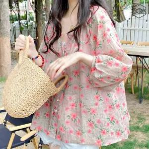 블라우스셔츠 여성용 화사한 꽃무늬 블라우스 여름 캐주얼 루즈핏