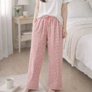 국내산 여성 스판 체크 파자마 바지 잠옷 홈웨어 긴바지
