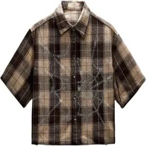 고글리터 남성 격자무늬 체크 크롭 셔츠 버튼 업 라인스톤 반팔 박시 칼라 Y2K 스트리트웨어 상의