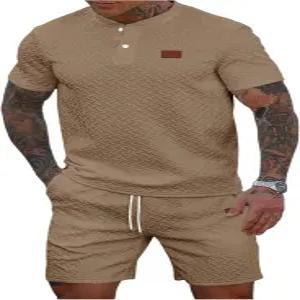 남성 텍스처 반팔 헨리넥 트레이닝 세트 드로스트링 반바지 2종 골프 스포츠 캐주얼 운동복 상하의 여름