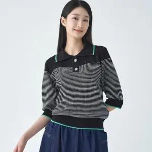 [지센] 여성 스트라이프 5부 배색카라 니트 LCKTO421_NA