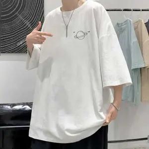 라운드넥 남성 오버핏 7부 소매 티셔츠 루즈핏 박스티