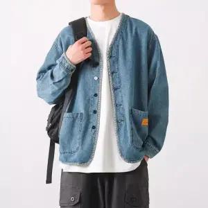청 빈티지 남자재킷 워싱 긴팔 노카라 재킷 코트 붐 원템1