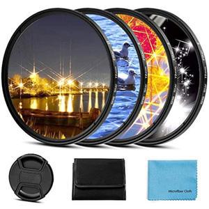 58mm 스타 필터 4피스 스타버스트 렌즈 필터(4포인트, 6포인트, 8포인트, 12포인트), 캐논 니콘 소니 올림푸스 펜탁스 및 기타 DSLR 카메라용 센터 핀치 캡 + 4 슬롯 파우치 포함