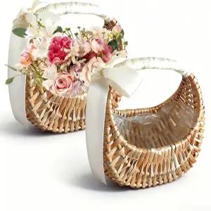 위커 플라워 걸 바구니 2개 결혼식 또는 피크닉용 리본 활이 달린 천연 (꽃 포함 없음)