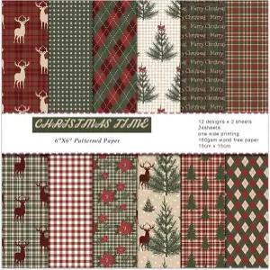 6인치 크리스마스 에스테틱 스크랩북 종이 패드 - 24장 패턴 접힌 카드 스톡 종이접기 DIY 공예 선물 포장