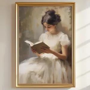 빈티지 여성 아트워크 책을 읽는 소녀 월 아트 아트프린트 레트로 독서 포스터 앤티크 사진 빅토리아