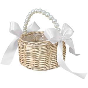 진주 손잡이가 리본 꽃바구니 위커 달린 흰색 플라워 데코용 귀여운 라탄 바구니 장식 수납 결혼식
