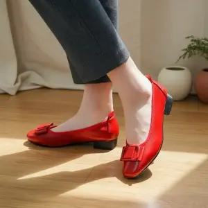 [다잇템] 여성 레더 로우힐 사각버클 플랫슈즈