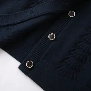 라운드넥 니트 가디건 네이비 블루 스웨터 여성 봄 가을 퍼프 슬리브 긴팔