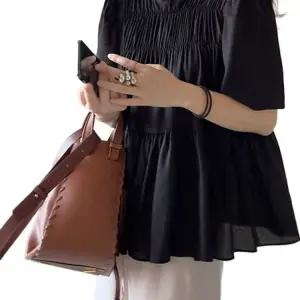 여성 루즈핏 반팔 퍼프 소매 블라우스 셔링 상의 셔츠 애프리콧 프리 사이즈