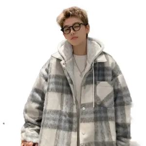 남여공용 체크 후드 드라마 스타일 패션 모직 집업 자켓 라이트그레이 S