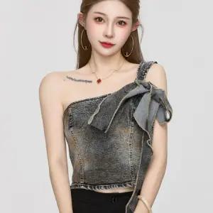 뷔스티에 빈티지 탑 슬림핏 나시 여성 데님 티셔츠 탱크 언밸런스   상의