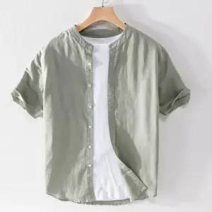 레이어드 린넨 헨리넥 코튼 남자 반팔 셔츠 루즈핏 라운드넥 아이스 면 통풍 데일리