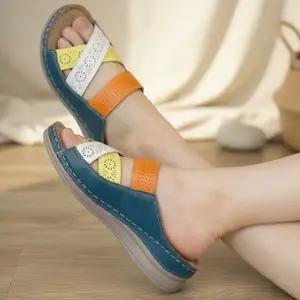 [옷자락]여성용 배색 와이드 스트랩 통굽 쿠션 샌들