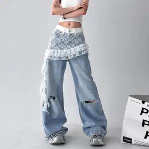 레이스 청바지 팬츠 데님 와이드 통바지 박시 빅사이즈 롱 바지 긴 유니크 포인트