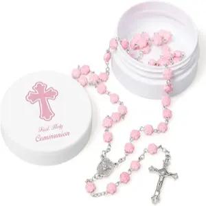 푸게즈 첫 성찬 묵주 세트 분홍색 장미 모양 구슬 세례 확인 기념품 세례/종교 선물 기도 카드 및 상자