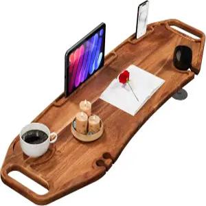 대형 아카시아 원목 욕조 트레이 89x25cm 럭셔리 반신욕 거치대 높이 조절 다리 방수 홈스파 선반