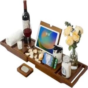 프리미엄 티크 원목 욕조 트레이 길이 조절 논슬립 반신욕 거치대 와인 태블릿 홀더 홈스파 선물