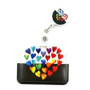 레인보우 컬러 하트 러브 ID개폐식 배지 홀더 클립 키 링 이름 카드 체인 간호사 작업 장식