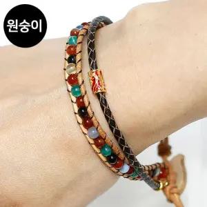기원 돈붙은 원석 가죽팔찌 원숭이띠 십이지간 팔찌