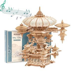 RUIFAM 3D 나무 퍼즐, 티 뮤직박스 모델 키트, 600개 이상의 도시 경관 디자인, 도전적인 기계 DIY 공예, STEM 장난감 및 모든 경우를 위한 특별한 선물
