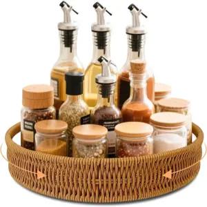 VAZINE 12인치 라탄 레이지 수잔 턴테이블 정리함 주방 카운터 커피 테이블 캐비닛 보관용 손잡이가 있는