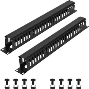 케이블 매니저 1U 랙 마운트 커버 포함 19인치 수평 24 슬롯 메탈 핑거 덕트 서버 랙용 2팩 블랙