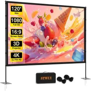 STWUI 야외 프로젝터스크린 스탠드형 120인치 휴대용 프로젝터 스크린 실내 16 9 4K HD 경량 영화 뒷마당