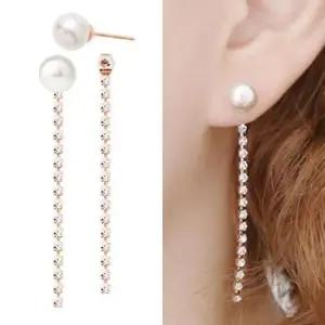 큐빅귀걸이 로즈골드 금침 진주 큐빅 체인 롱 드롭 귀걸이 14K