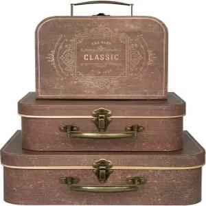 뚜껑이 있는 빈티지 장식 보관함 3종 세트 유품 및 포토 박스 갈색 여행 가방 기념품 케이스