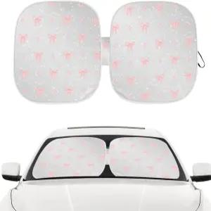 핑크 보우 자동차 앞유리 선쉐이드 은색 테두리 및 수납 파우치가 있는 접이식 자외선 차단 창문 세단 SUV