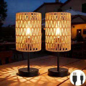 올 포춘 충전식 야외 테이블 램프 라탄 보호 무선 배터리 작동 거실용 파티오 발코니 침대 옆 장식 2개