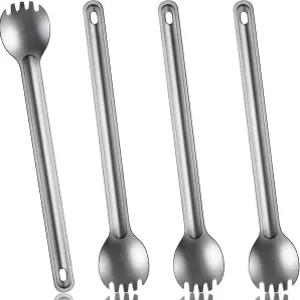 4피스 티타늄 롱핸들 스팍 및 스푼 초경량 포터블 플랫웨어 8.7인치 수프 캠핑 야외 배낭여행 하이킹 여행