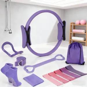 여성용 ASIEIT 홈 필라테스 키트 5가지 저항 밴드가 있는 장비 14인치 매직 서클 볼 및 링 세트 토닝 근력
