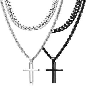 로마스 부활절 바구니 스터퍼 남성용 4Pc 크로스 목걸이 스테인리스 스틸 체인 레이어드 실버 골드 블랙