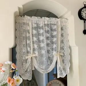 베이지 보크노트 벌룬 키친 커튼 플로럴 타이업 레이스 시어 티어 카페용 윈도우 로드 포켓 라이트 필터링