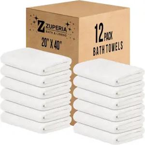 ZUPERIA 화이트 목욕 타월 벌크 12팩20 x 40 인치 상업용 100 면 경제성 경량 퀵 드라이 울트라 소프트