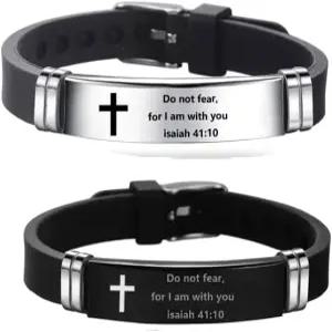 DWJSU 더블 영감 인용 크로스 팔찌 신앙 기독교 성경 구절 실리콘 ID 손목밴드 종교 세트 남성 여성용 선물