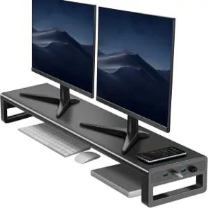 USB 3.0 허브 포트가 있는 베이디어 듀얼 모니터 스탠드 컴퓨터 라이저 2인용 더블 메탈 TV PC 프린터 멀티